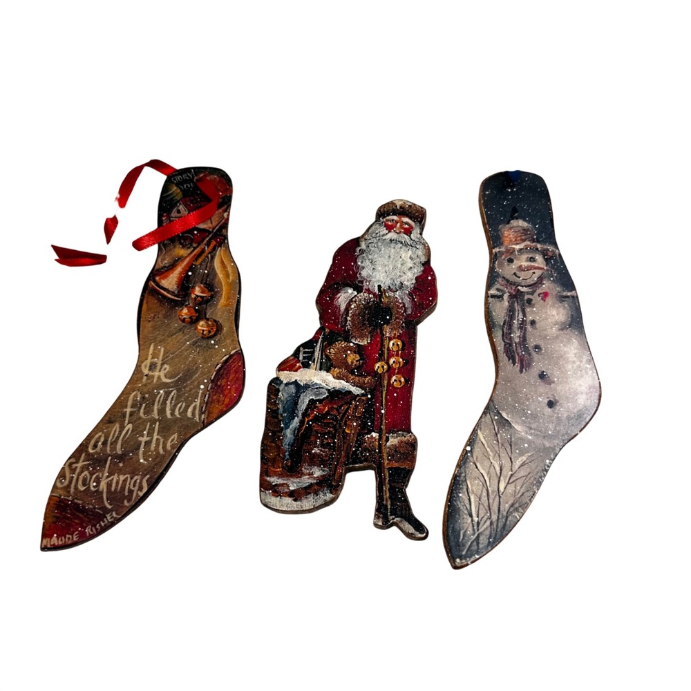 Maude Risher Cuardi Hand Painted Wood Christmas Ornament Lot 3 Signed Folk Art